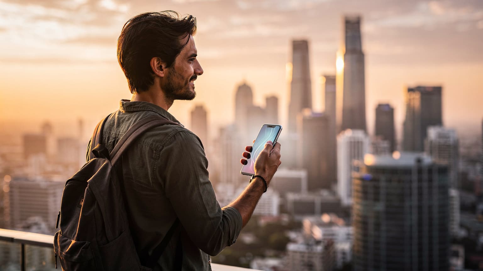 A modern traveler holds a smartphone while overlooking a vibrant cityscape at sunset, symbolizing digital connectivity and freedom during travel.
