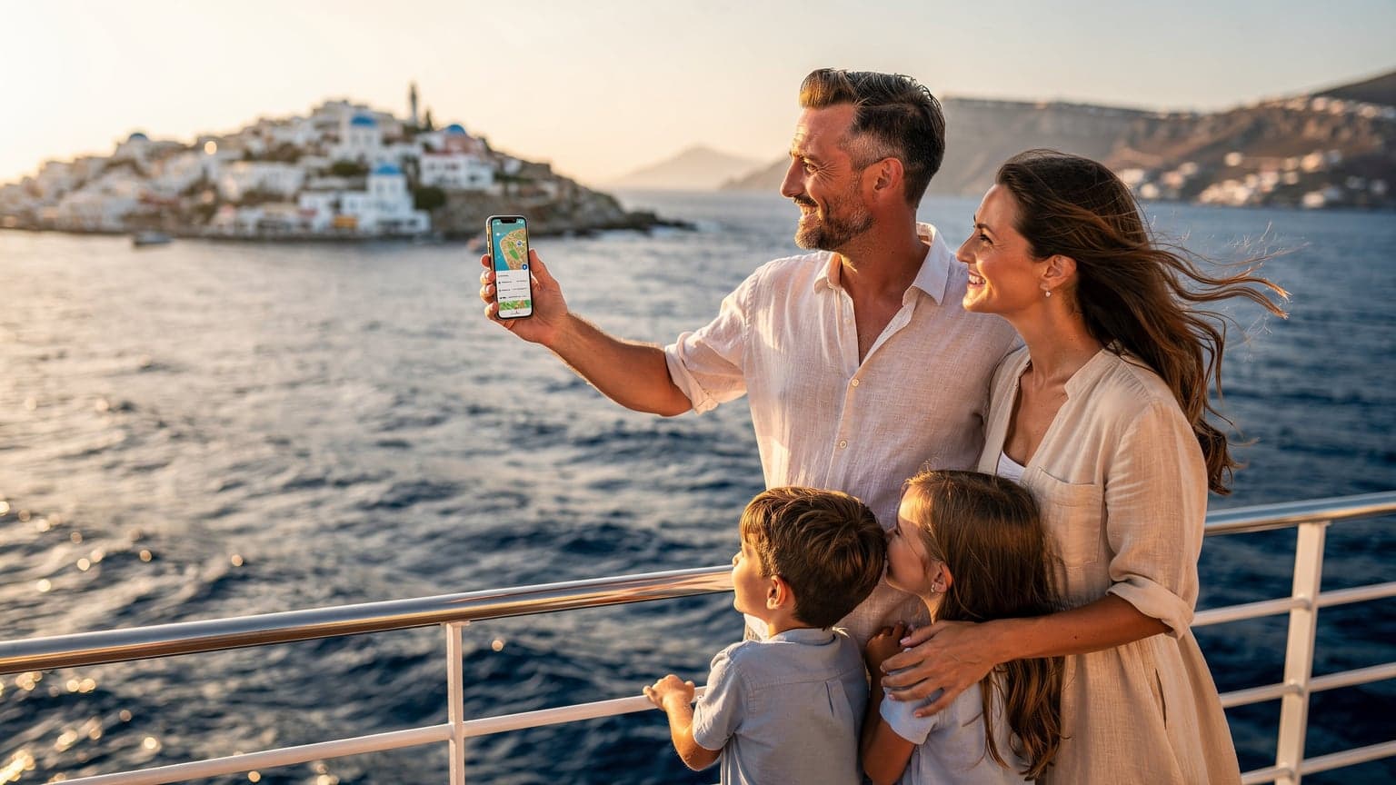 A modern family (parents and two children) smiling and enjoying the view from a Greek island ferry deck. The father subtly interacts with a smartphone while pointing towards an island, with the vibrant blue Aegean Sea and white-washed villages in the background. The scene suggests joyful, seamless, and connected family travel.