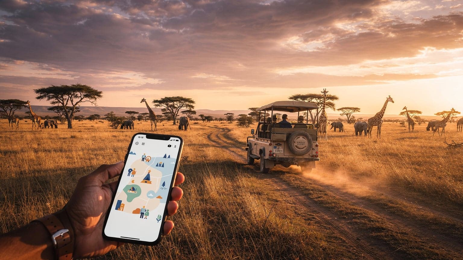 A photorealistic image of a hand holding a smartphone in the foreground, subtly framing a vast, sun-drenched African savanna at golden hour with a distant safari jeep and grazing wildlife.