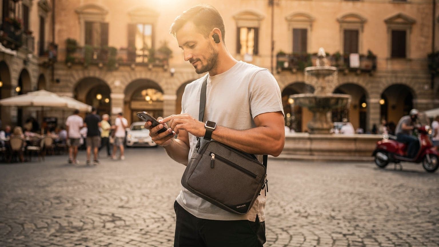 A stylish traveler confidently checks a modern smartphone in a beautiful Italian piazza, illustrating safe and connected travel in Italy.