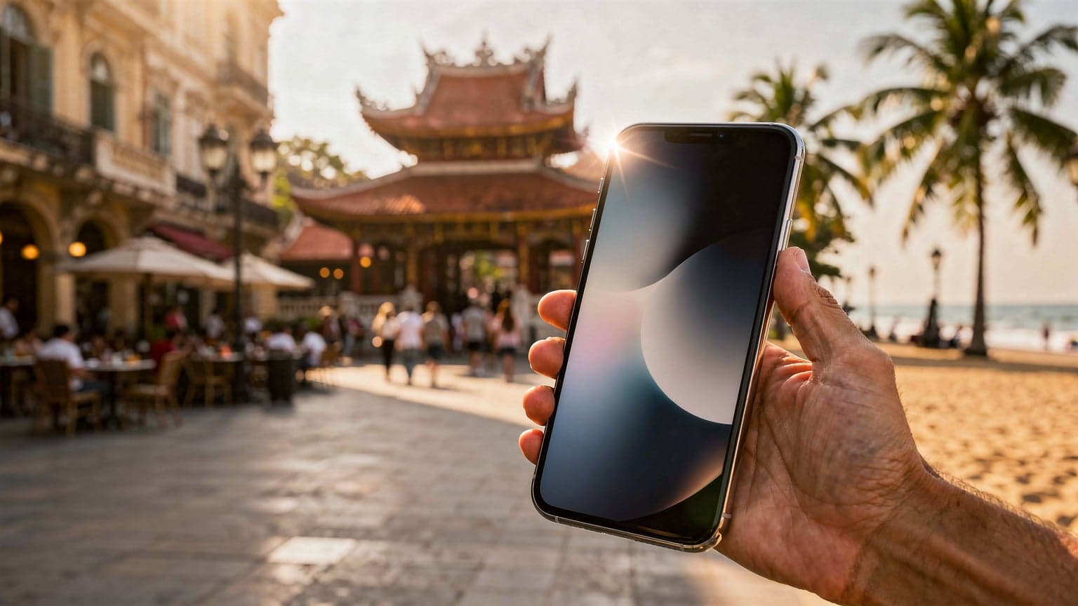 Close-up of a hand holding a smartphone against a blurred, sunlit travel destination, symbolizing global connectivity.