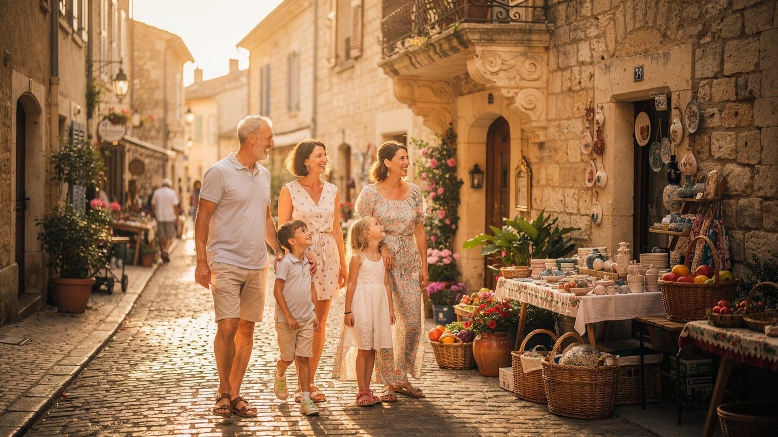 A family happily exploring a sunny market street in a charming French village.