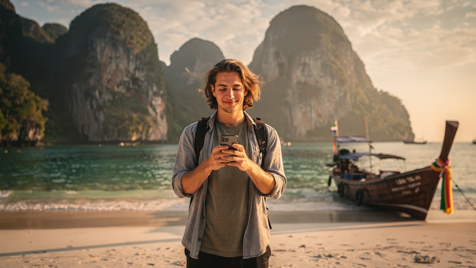 A young adult traveler holds a smartphone on a white sand beach in Thailand at golden hour, with limestone karsts and a longtail boat in the background. The image evokes modern travel and seamless connectivity.