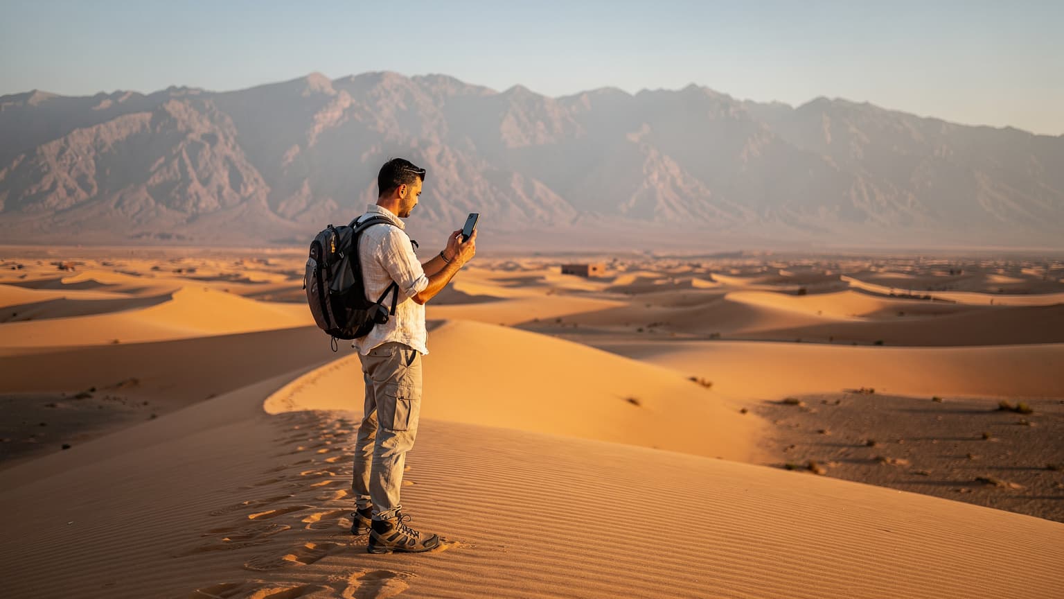 A traveler checking their smartphone in a vast Moroccan landscape, blending desert dunes and distant Atlas Mountains, under cinematic natural light.