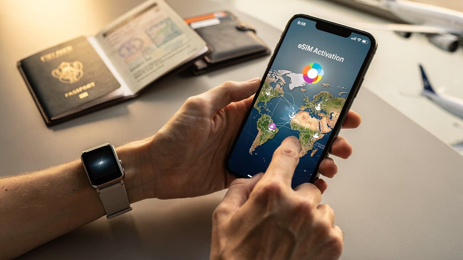 A person's hands hold a modern smartphone displaying an eSIM activation interface, with a blurred background showing an open passport and a global map, illuminated by warm natural light, symbolizing international travel preparation.