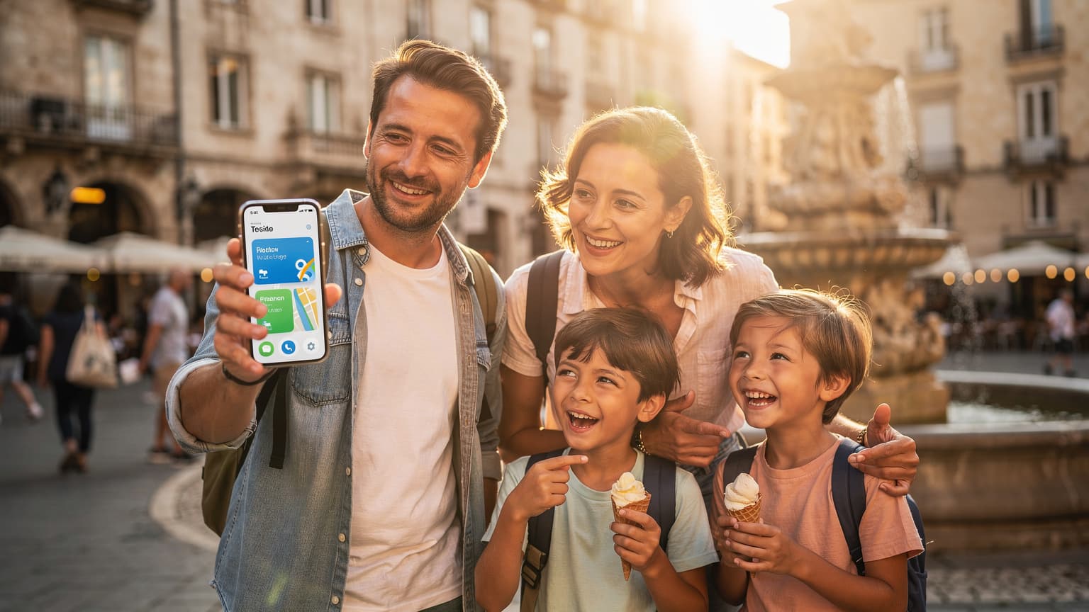 A diverse family, including parents and two children, happily exploring a European city square bathed in warm, natural light. One parent is discreetly using a smartphone, symbolizing easy connectivity, while the rest of the family enjoys the travel experience. The scene evokes seamless, modern family travel.