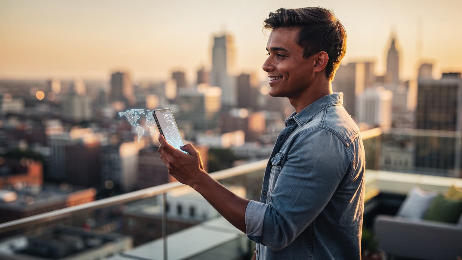 A young traveler holds a smartphone on a city rooftop at golden hour, overlooking a panoramic cityscape, symbolizing seamless global connectivity.