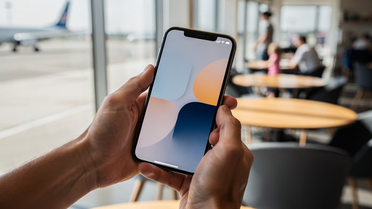 A close-up of hands holding a modern iPhone in a bright, contemporary travel setting, with blurred hints of a family in the background, emphasizing easy digital connectivity for travel.