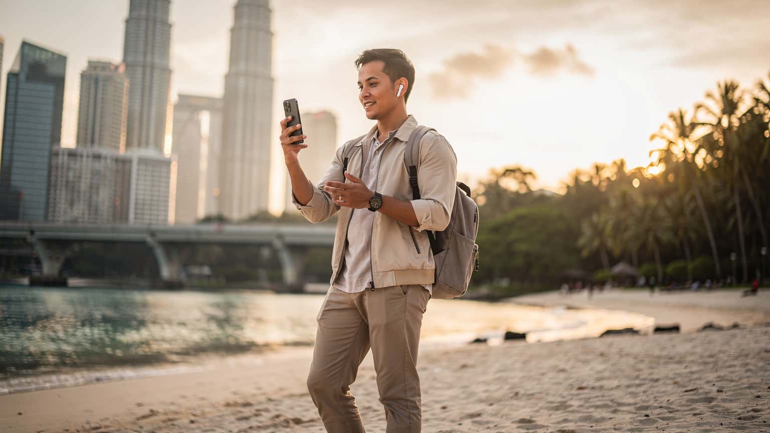 A photorealistic image of a modern traveler in a scenic Malaysian setting, holding a smartphone, representing budget-friendly travel with eSIM technology.