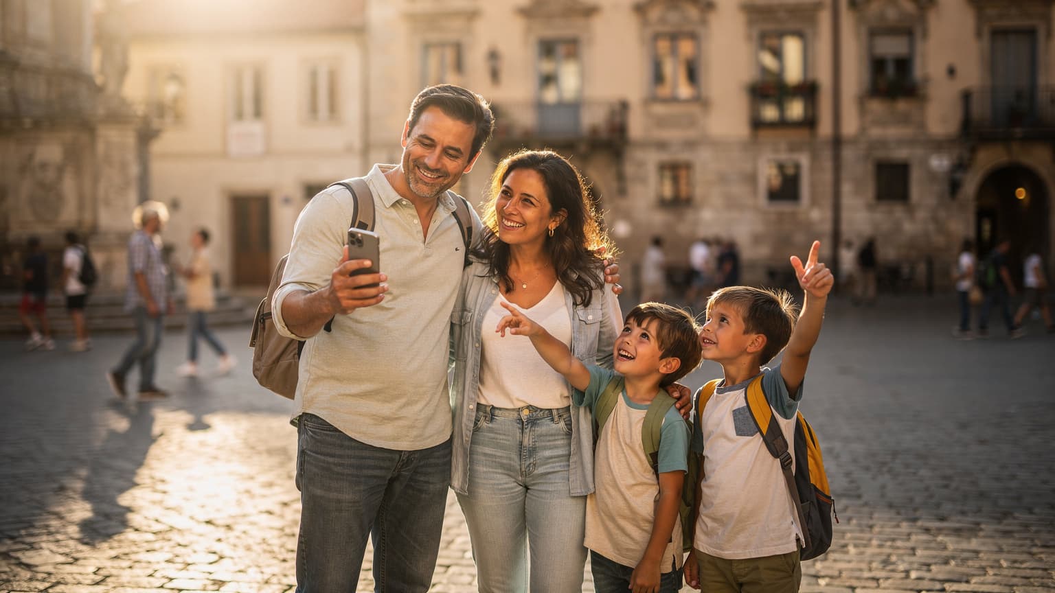 A happy family of four, parents and two children, looking at a smartphone while exploring a European town square, suggesting reliable travel connectivity.