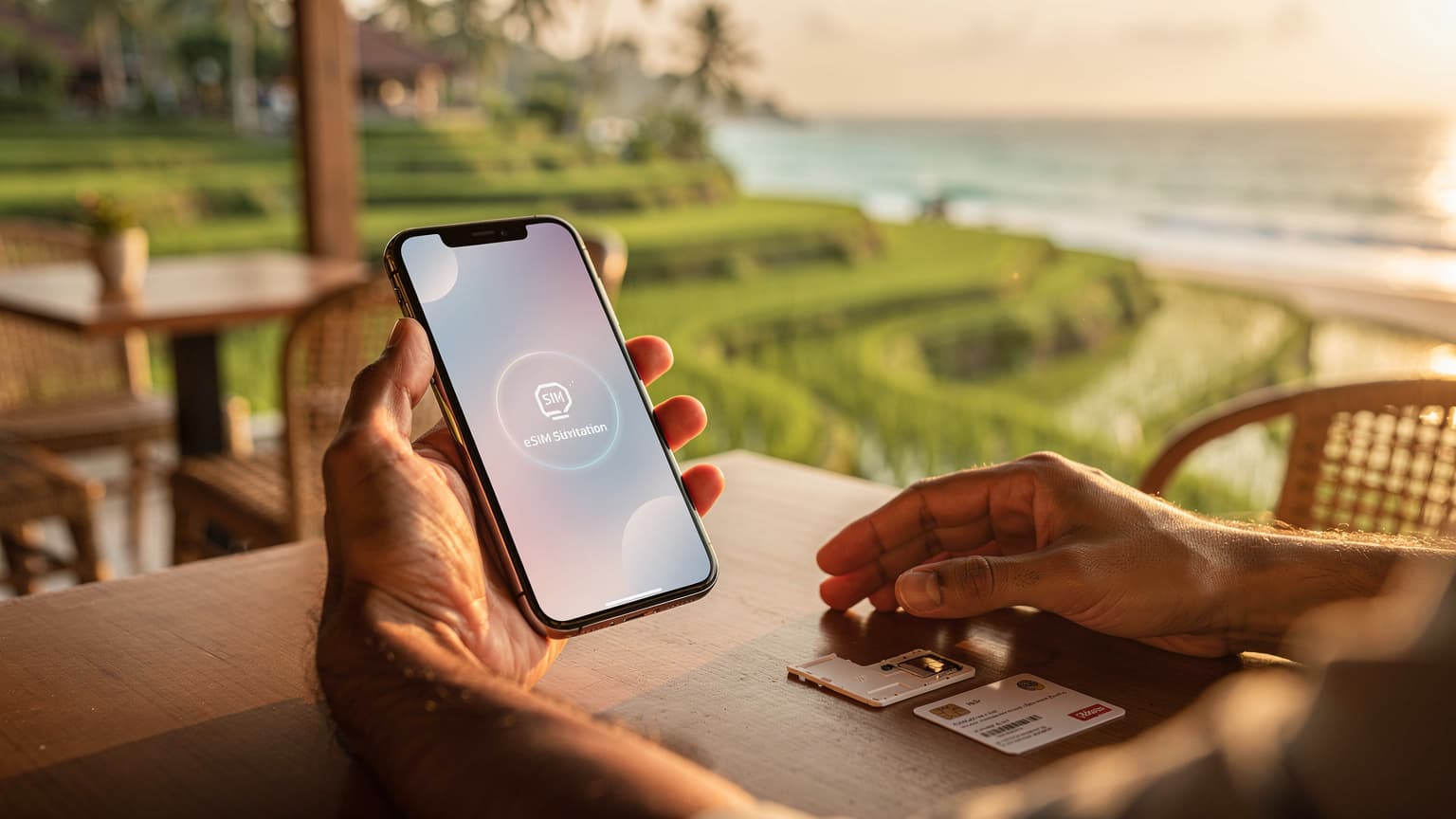 A traveler's hands using a modern smartphone to activate an eSIM in a sunlit Indonesian setting, with a physical SIM card subtly placed nearby, contrasting digital convenience with traditional tourist SIM options.