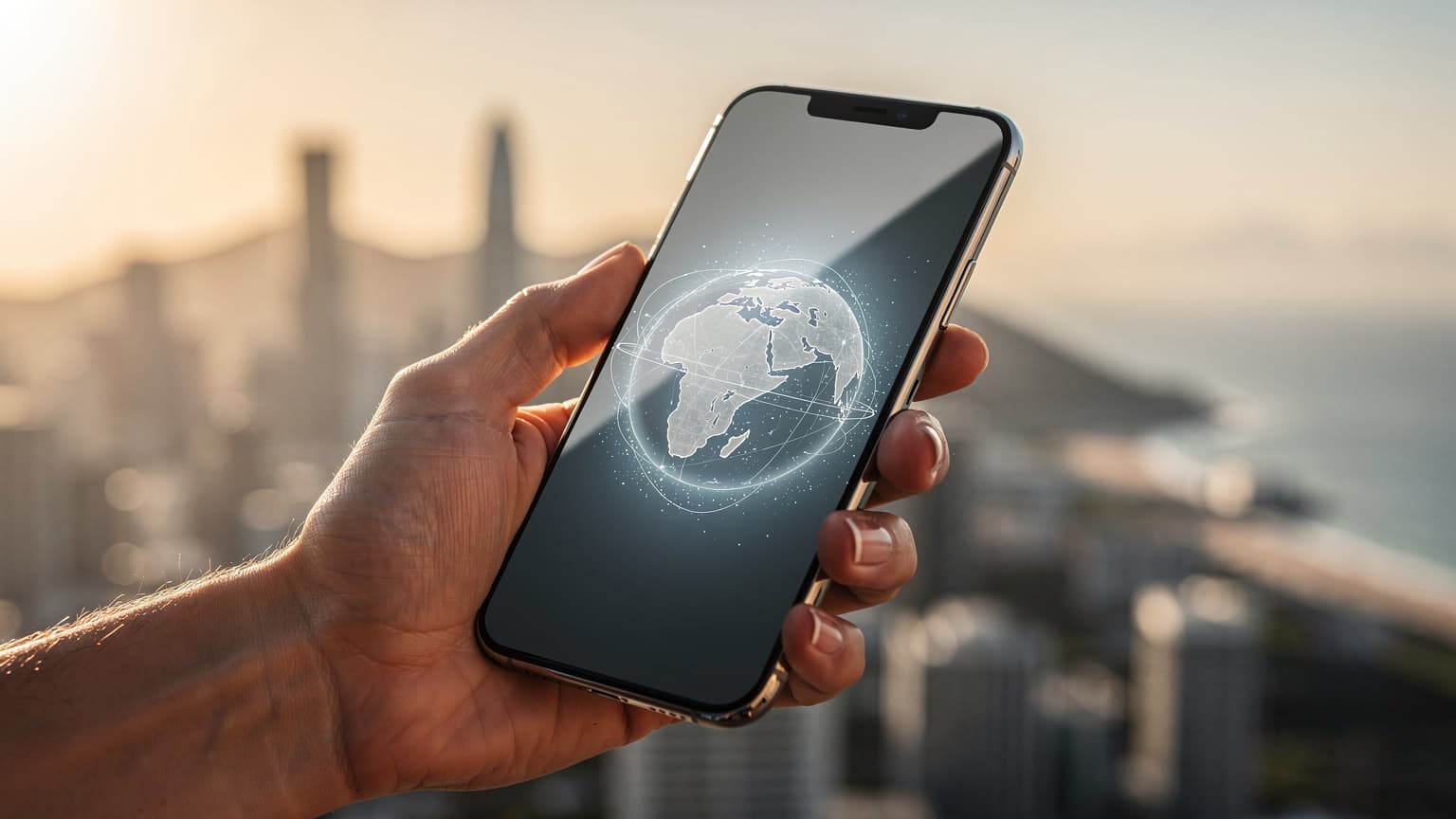 A photorealistic, cinematic image showing a hand holding a smartphone displaying a subtle digital globe, set against a blurred, sunlit international city skyline, symbolizing global data connectivity and travel.