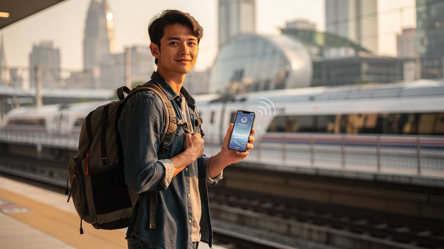 A modern traveler on a high-speed train platform in a vibrant Chinese city, holding a smartphone indicating seamless internet connectivity. The background features a blurred futuristic skyline under golden hour light, conveying ease of travel and connection.