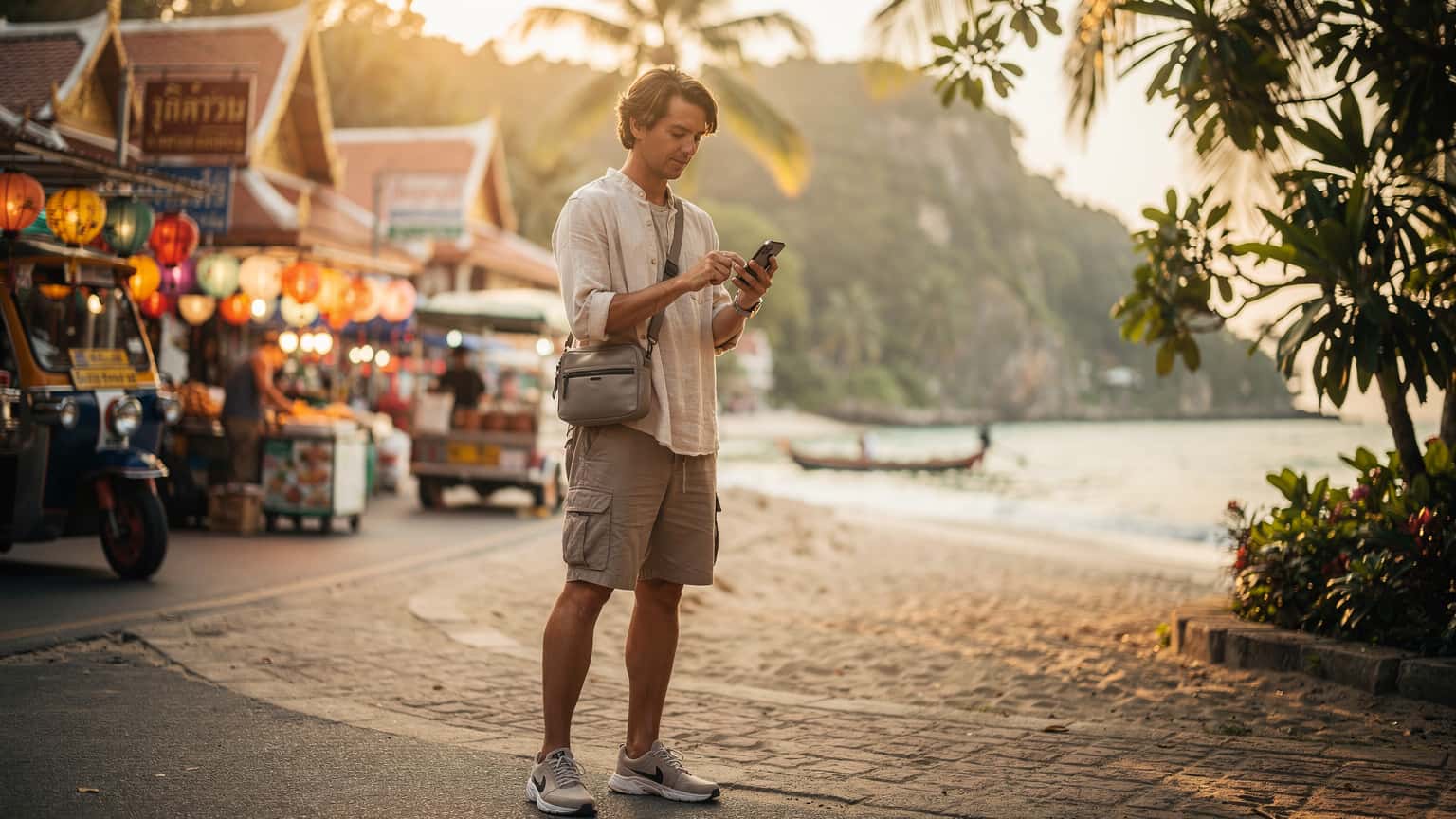 A stylish traveler uses a smartphone in a beautiful Thai setting, symbolizing modern connectivity and smart travel with an eSIM.