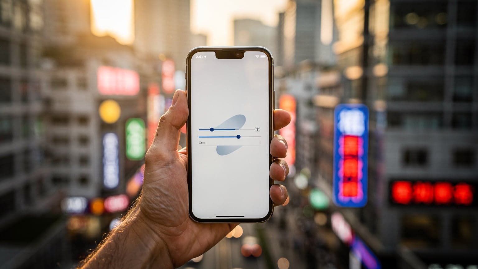 A person's hand holds a smartphone with a generic network settings screen, set against a softly blurred, vibrant Hong Kong cityscape at golden hour, symbolizing modern, connected travel.