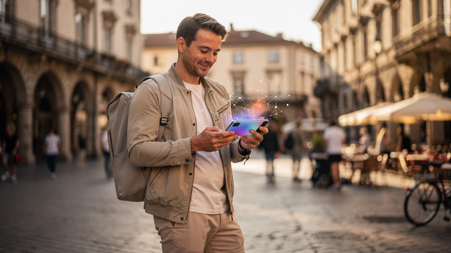 A person looking at a smartphone in a sunny European city, representing easy international mobile connectivity.