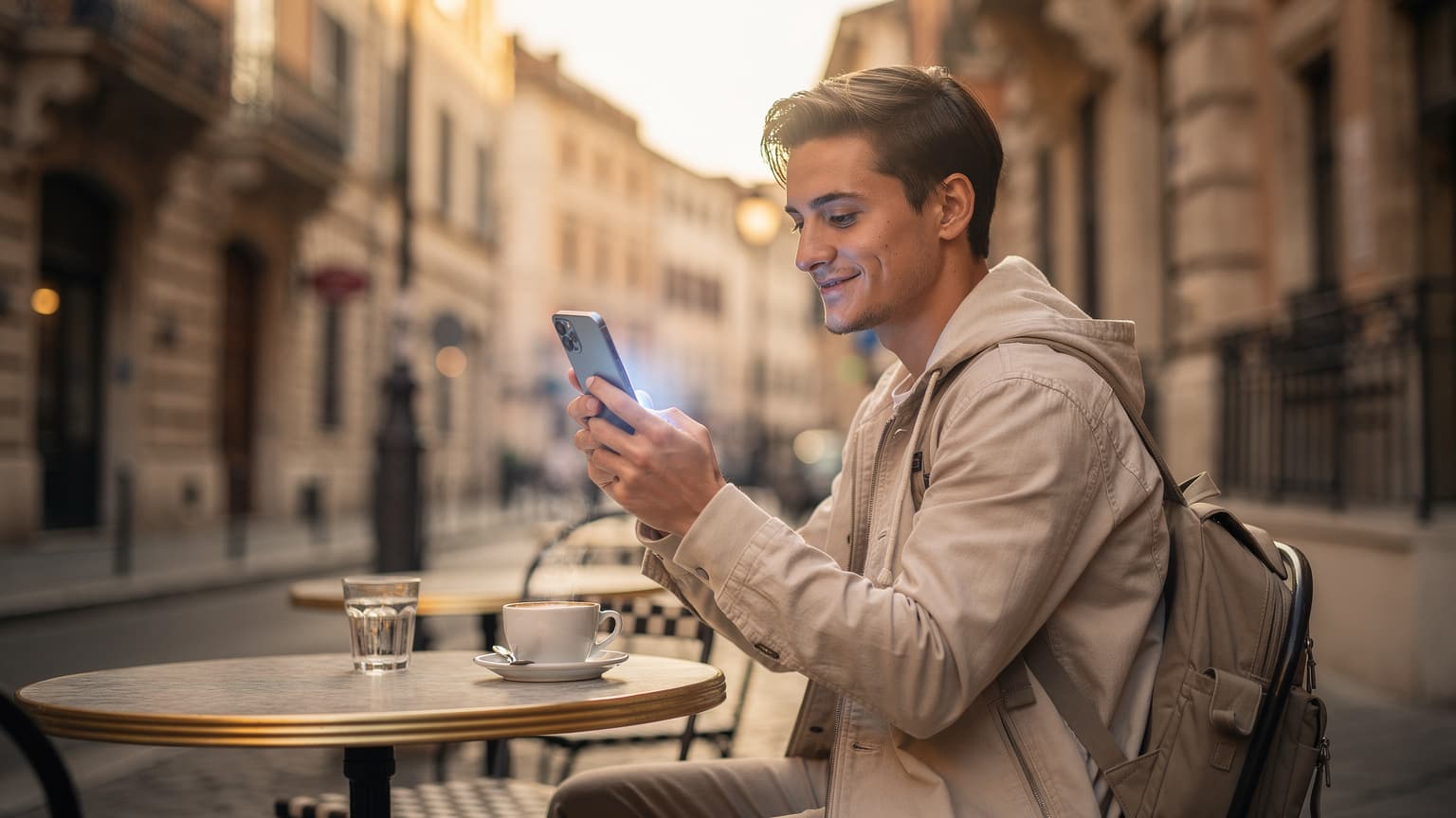 A young traveler sits at an outdoor European cafe, looking at a smartphone with a relaxed expression, historic buildings in the background. The image conveys seamless travel connectivity.