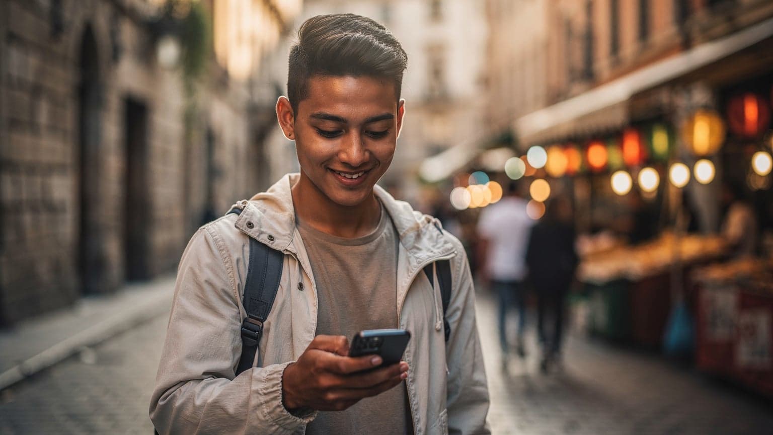 A happy traveler using a smartphone in a foreign city, depicting stress-free international data usage.