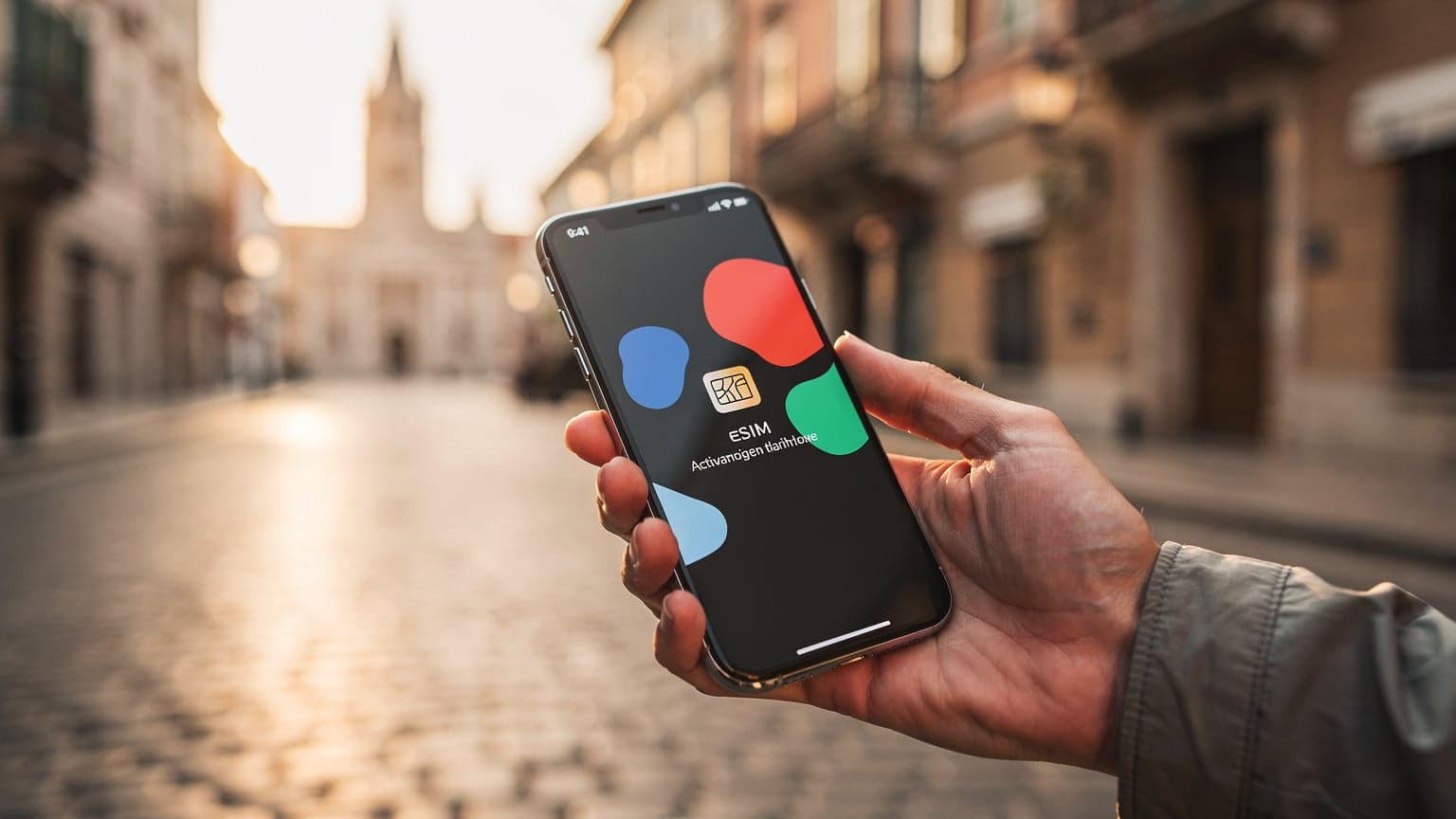 A close-up of a hand holding a modern smartphone with an eSIM screen, set against a blurred European city background.