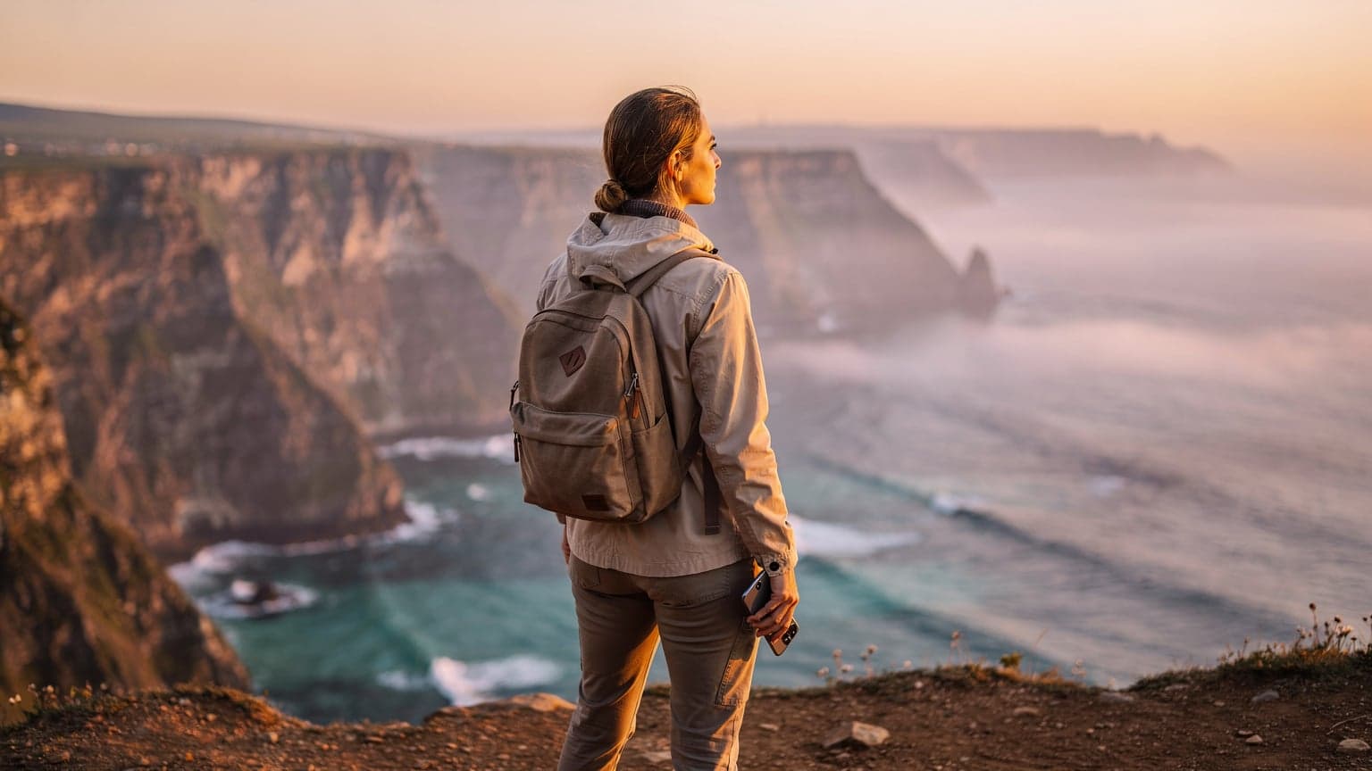 A cinematic, photorealistic image of a stylish traveler standing at a dramatic cliffside or mountain vista, overlooking a stunning natural 'dream destination' landscape. The traveler subtly holds a modern smartphone, implying connectivity, while the focus remains on the expansive, beautiful scenery bathed in natural light.