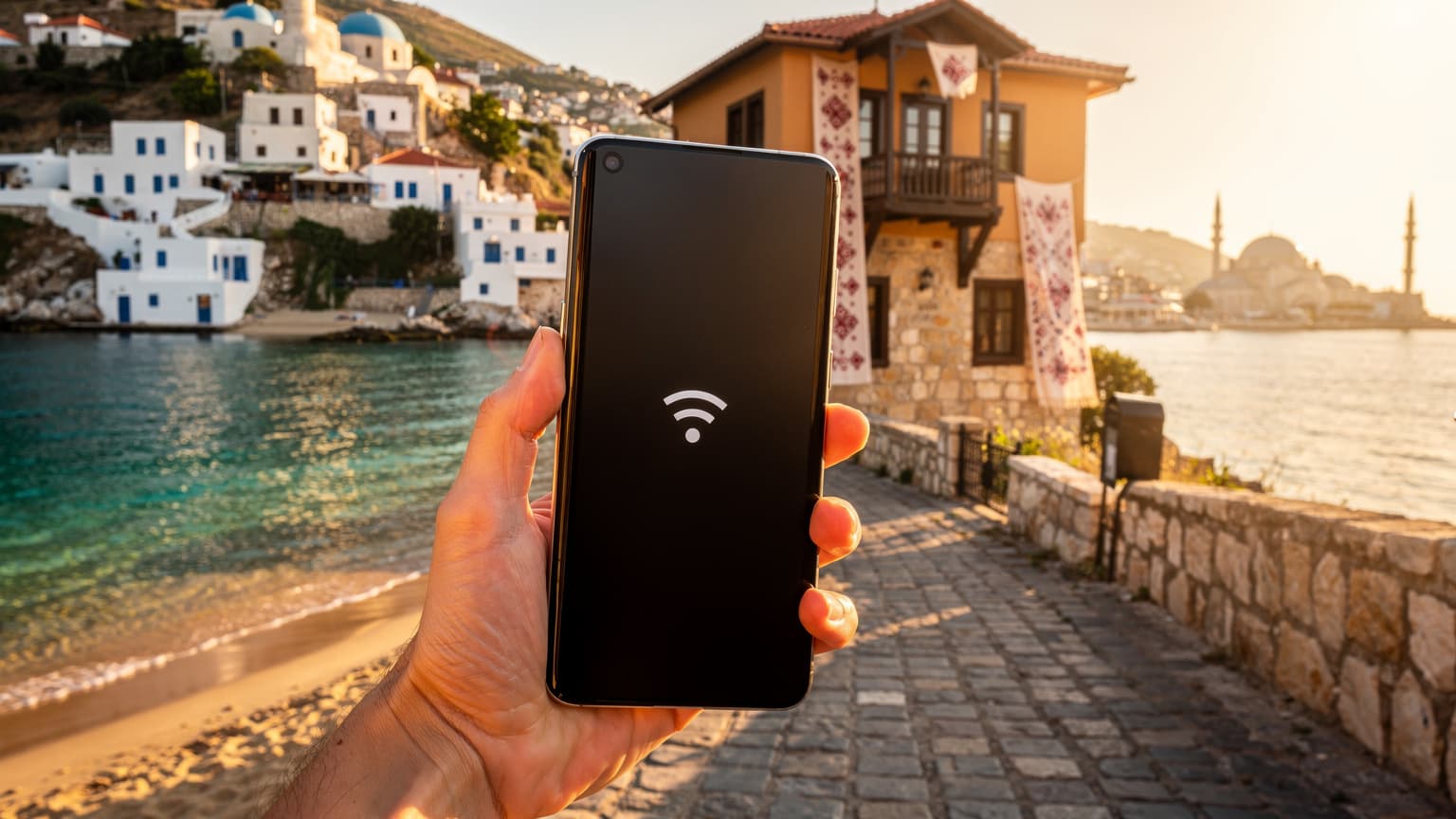 A hand holding a smartphone showing a network signal, set against a bright summer landscape blending Bulgarian, Greek, and Turkish travel elements, symbolizing seamless international connectivity.