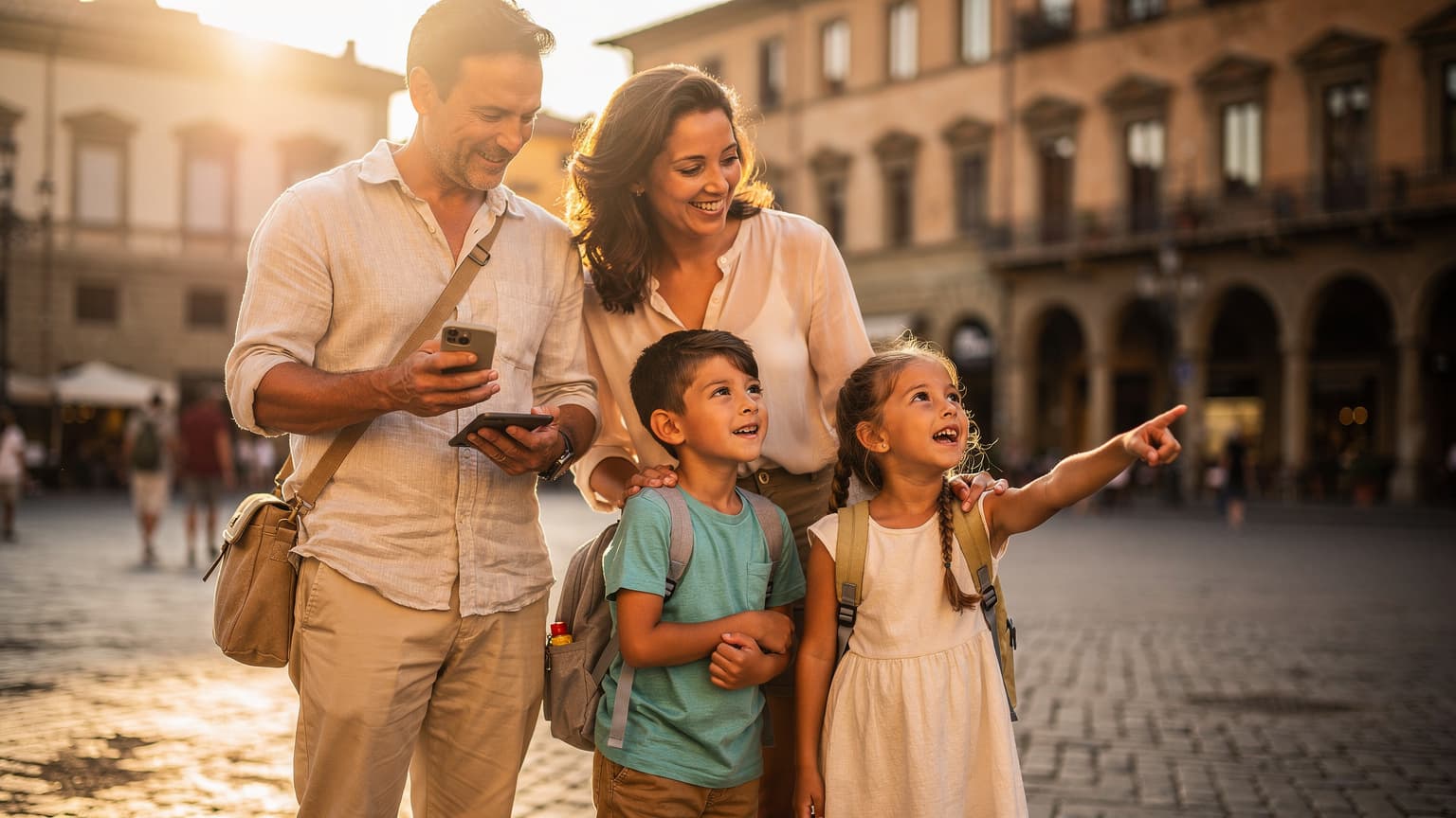 A family of four (parents and two children) smiling and relaxed in a sunny Italian piazza, with one parent subtly holding a smartphone, conveying stress-free connected travel.