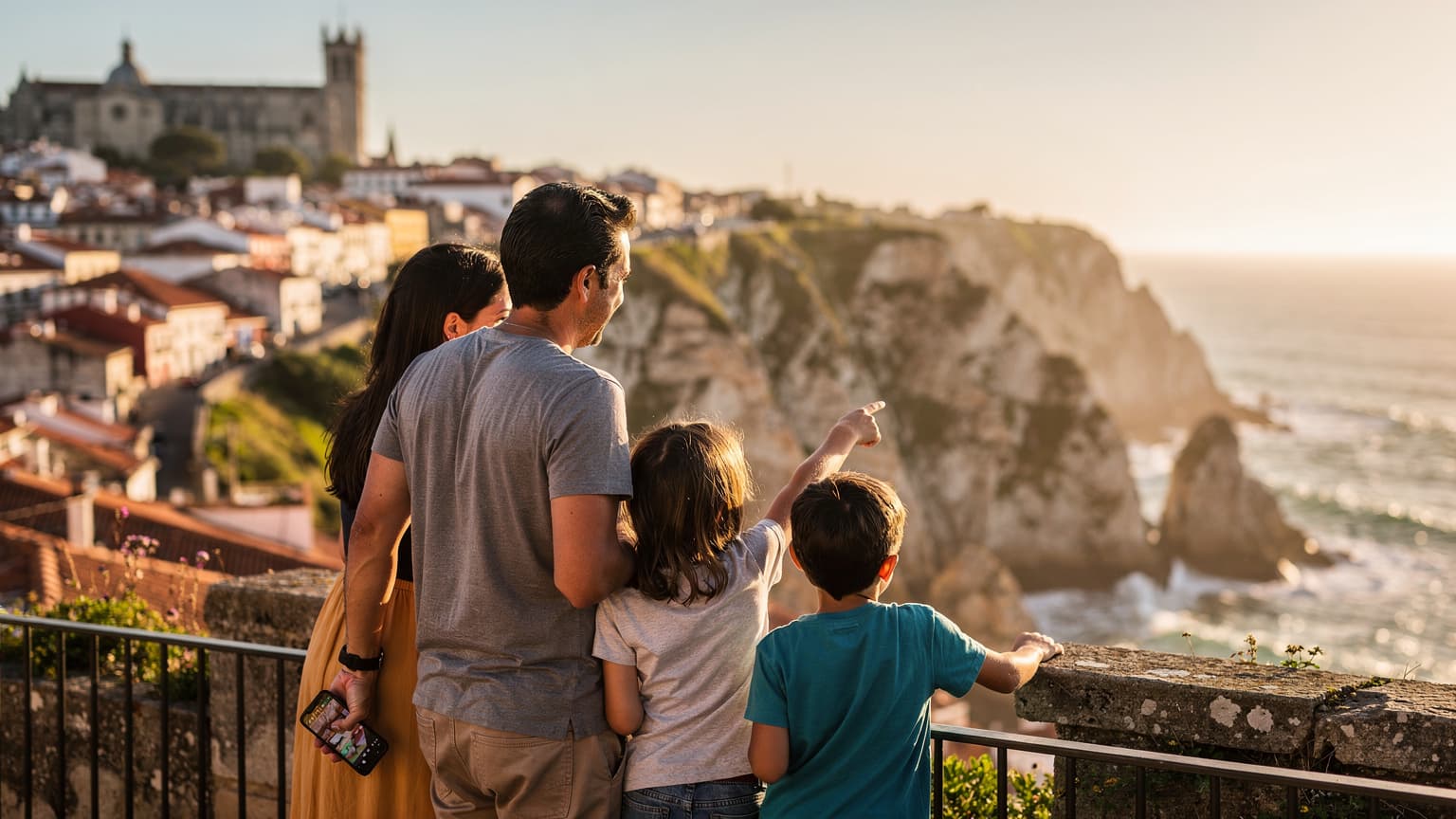 A happy family, including two adults and two children, stands at a scenic viewpoint overlooking a beautiful Iberian landscape. The background features either a historic Spanish city with traditional architecture or a dramatic Portuguese coastline with cliffs and the ocean. One adult is holding a smartphone. The scene is bathed in warm, natural light, conveying a sense of adventure and connection.
