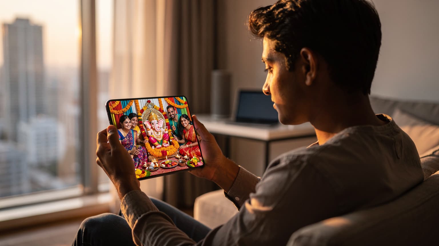 A person overseas smiles warmly while video calling their family in India during Ganesh Chaturthi. The smartphone screen clearly shows the family gathered around a decorated Ganesh idol, highlighting the emotional connection and festive sharing across distances, enabled by smart connection technology like eSIM.