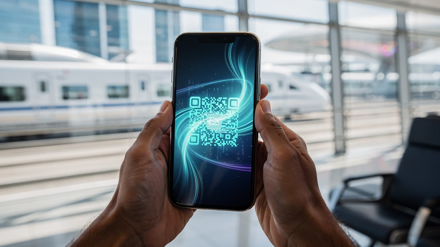 A close-up, cinematic shot of hands holding a modern smartphone displaying abstract data and a QR code, set against a blurred background of a futuristic travel location, symbolizing fast, optimized global connectivity.