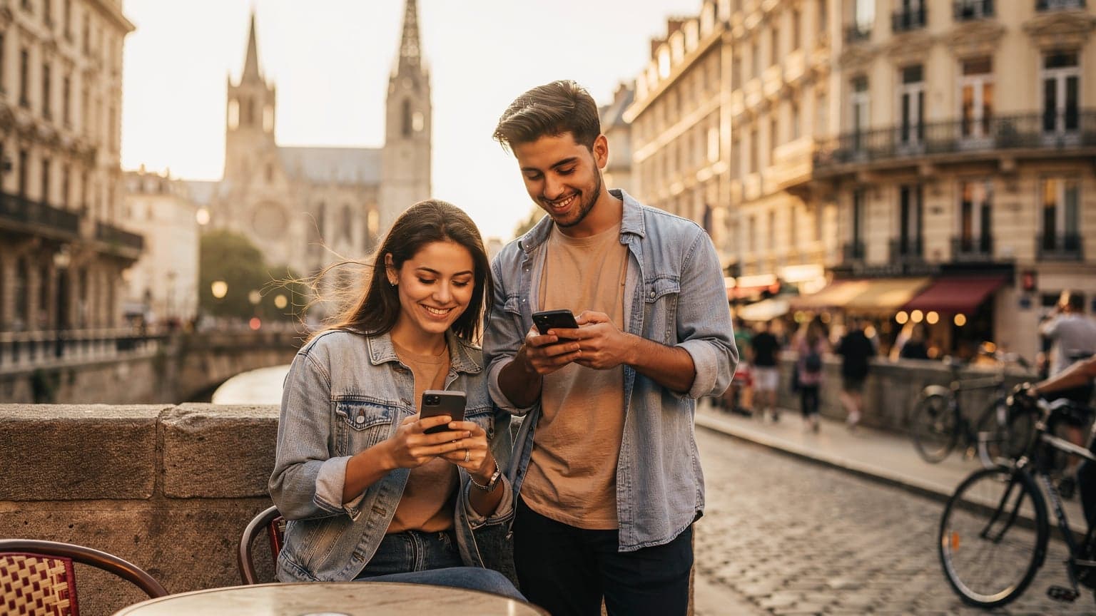 A relaxed traveler uses their smartphone on a charming European street, symbolizing hassle-free travel and seamless internet connectivity.