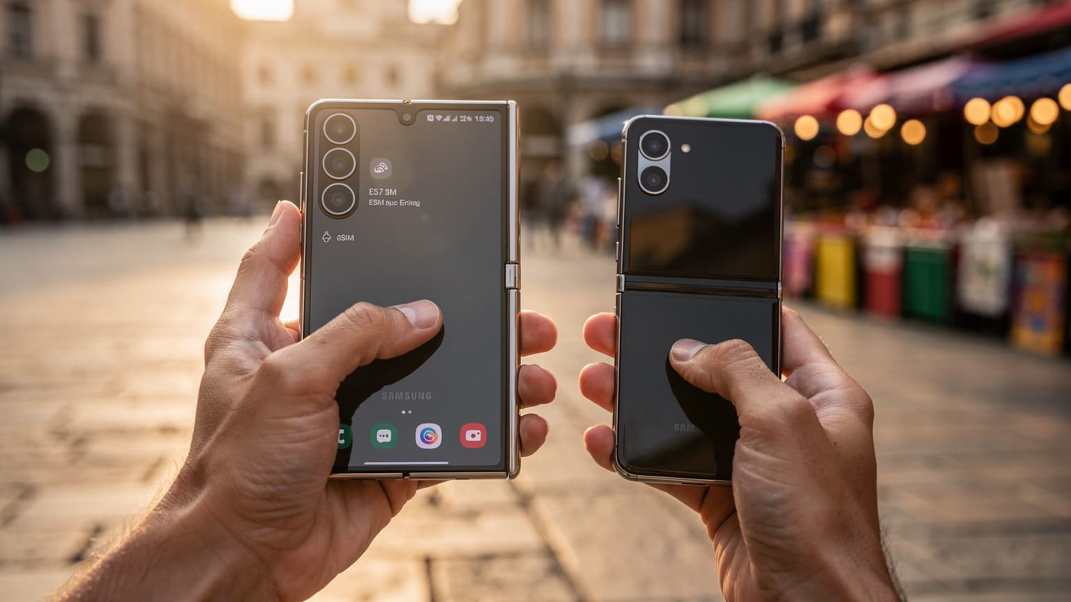 A close-up of hands holding a Samsung Galaxy Fold 6 and a Samsung Galaxy Flip 6, with a blurred, sun-drenched international travel destination in the background, symbolizing global connectivity and ease of travel.