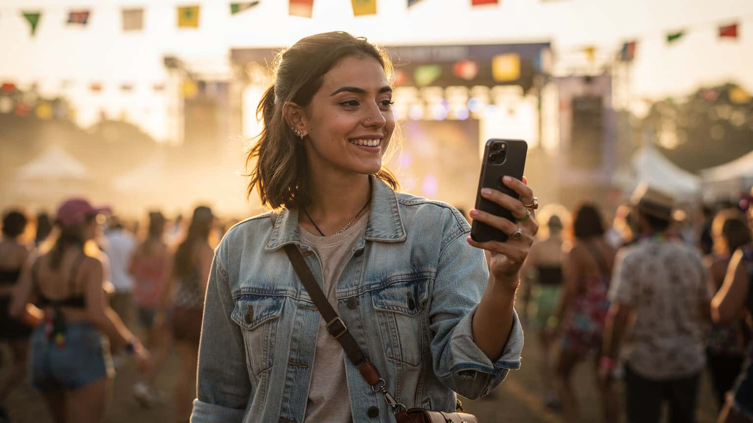 A young, smiling festival-goer holds a smartphone in a vibrant European music festival setting, illustrating the ease of staying connected abroad during festival season.