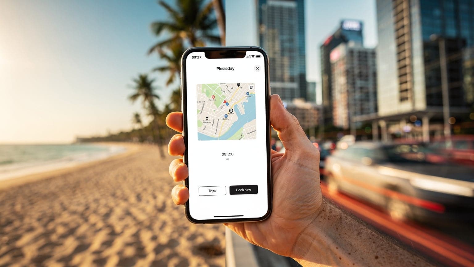 A photorealistic, cinematic image for a travel magazine hero shot. A person's hand holds a smartphone, with a split background showing a sunny beach on one side and a modern city skyline on the other, symbolizing spontaneous summer travel and connectivity.