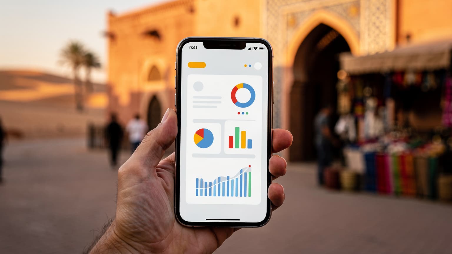A close-up of a modern smartphone held by a traveler, with a blurred background showing vibrant Moroccan architecture and warm natural light, suggesting seamless connectivity and travel planning.