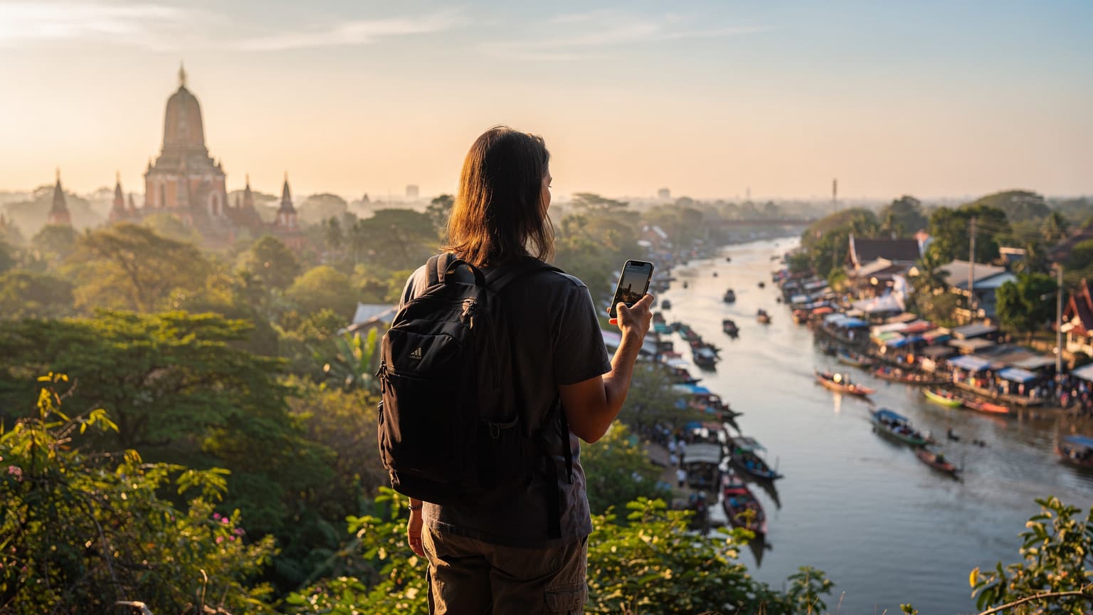 A traveler overlooking a vibrant Southeast Asian landscape at golden hour, holding a smartphone to symbolize seamless global connectivity and modern exploration enabled by technology like eSIM.