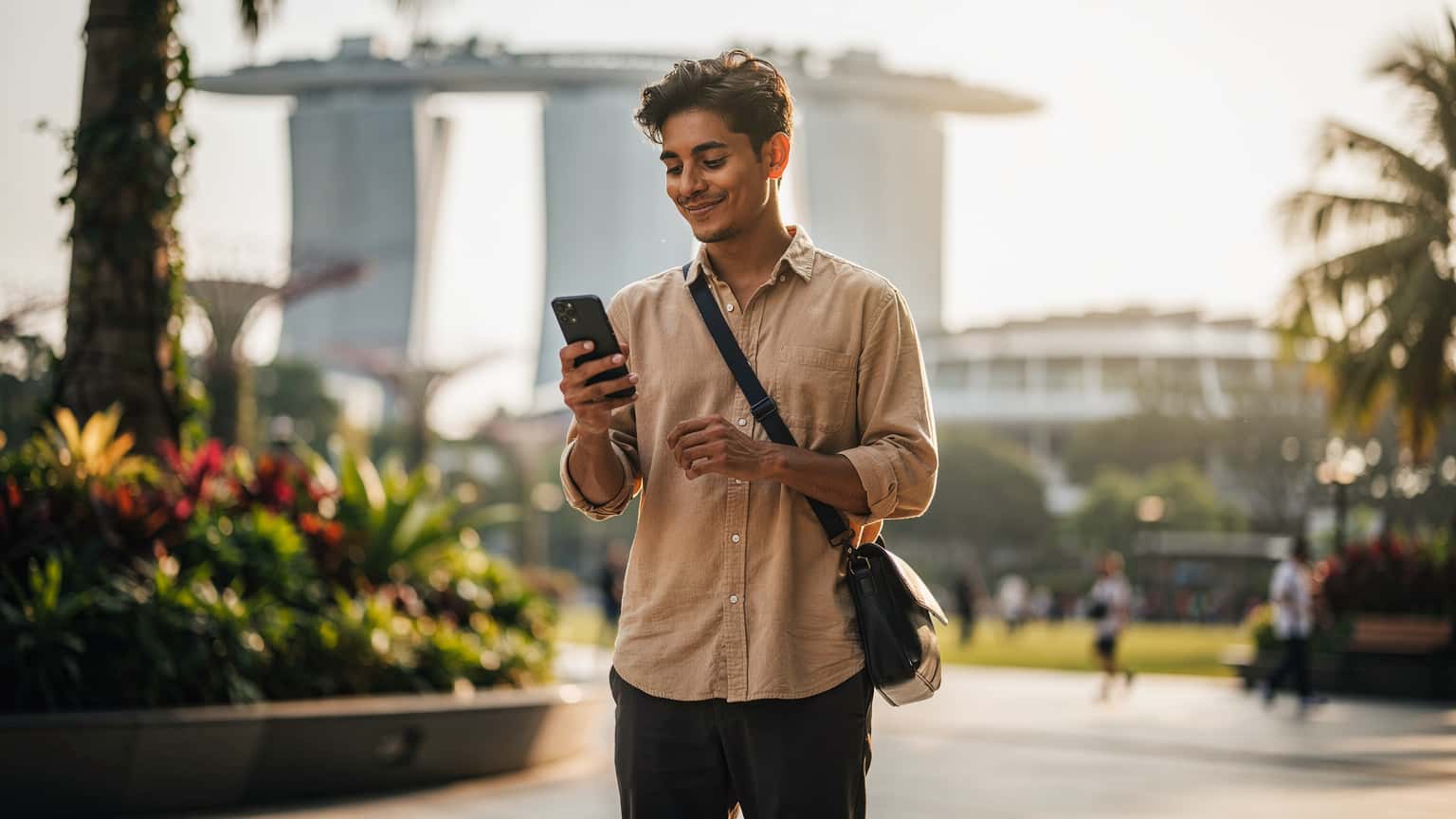 A modern traveler in Singapore holding a smartphone, with iconic blurred Singaporean architecture in the background, conveying ease of internet connectivity while traveling.