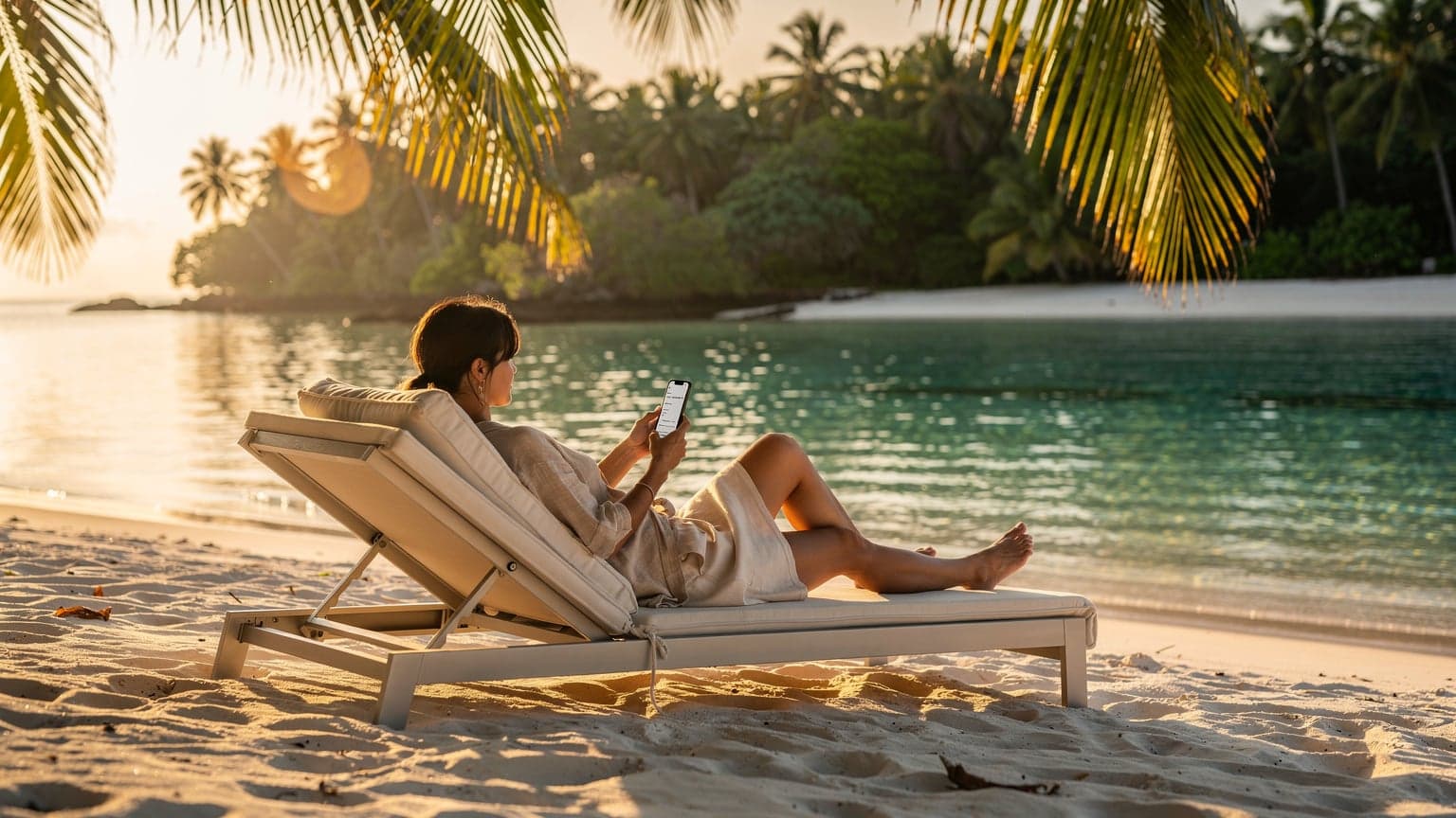 A person enjoying a serene white sand beach in Southeast Asia, with clear turquoise water and lush palm trees, subtly holding a smartphone, conveying a connected travel experience.