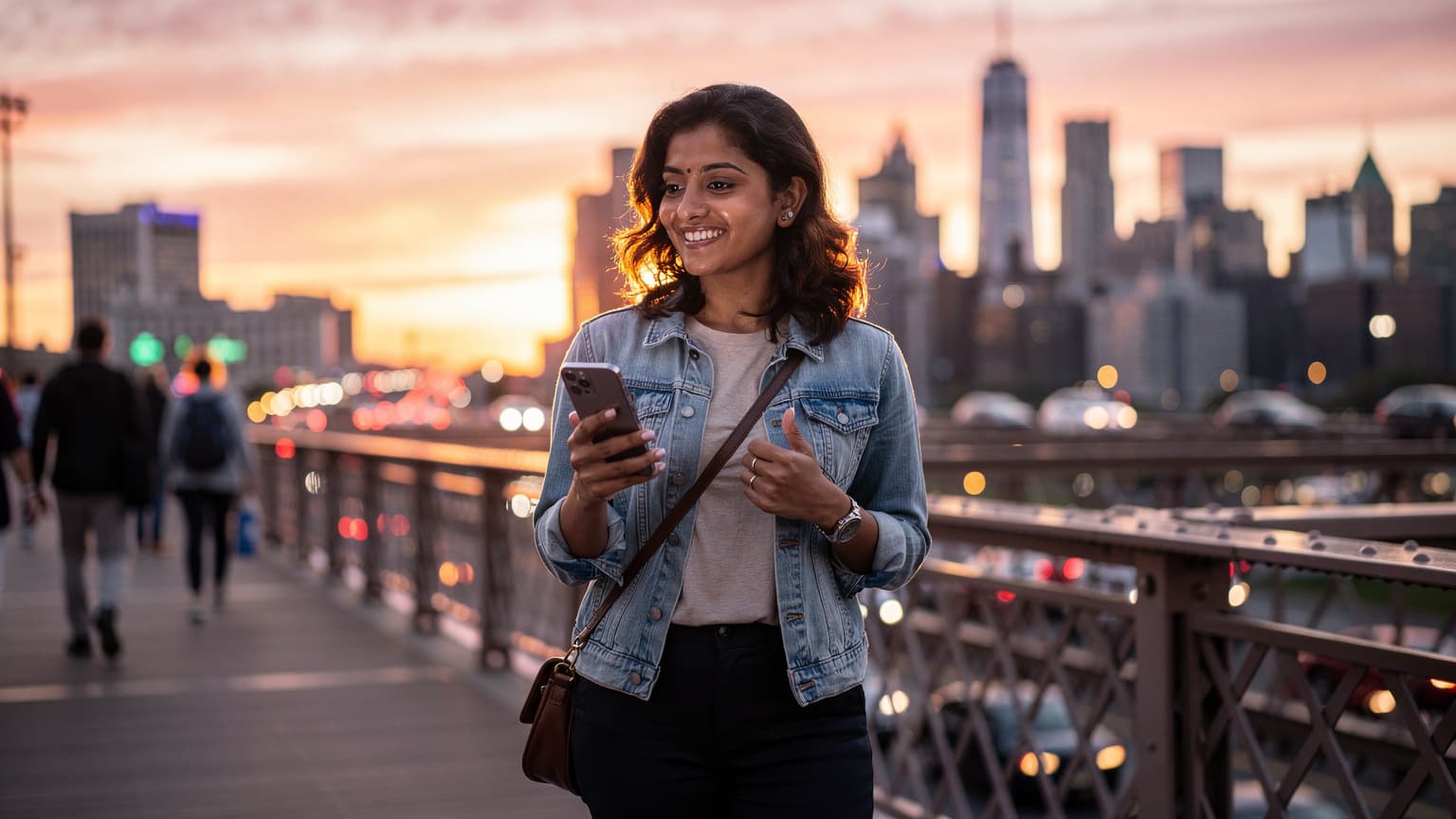 A photorealistic image of an Indian woman looking at her smartphone on a bridge overlooking an international city at sunset, symbolizing seamless global travel and digital connectivity.