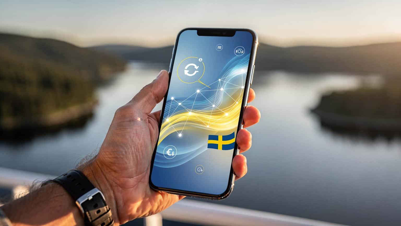 A person's hand holding a smartphone displaying a data plan or travel app, with a blurred, sun-drenched Swedish landscape in the background, symbolizing smart travel and mobile data savings.