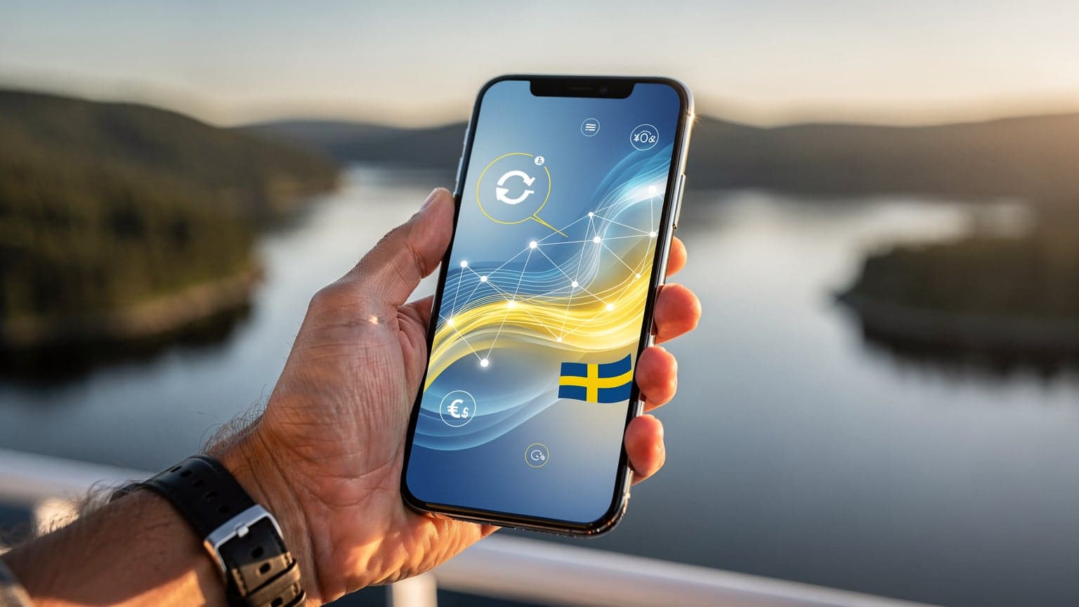 A person's hand holding a smartphone displaying a data plan or travel app, with a blurred, sun-drenched Swedish landscape in the background, symbolizing smart travel and mobile data savings.