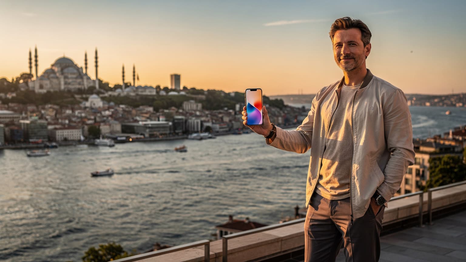 A traveler uses a smartphone overlooking the Istanbul Bosphorus at sunset, symbolizing modern international connectivity and smart roaming solutions.