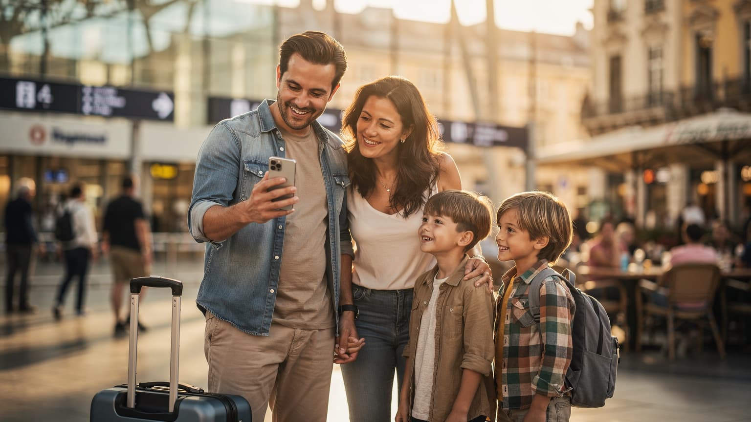 A diverse family of four, looking relaxed and happy, standing in a bright, modern airport or a picturesque foreign city square. One parent is holding a smartphone, easily showing something to another family member, suggesting seamless travel connectivity.
