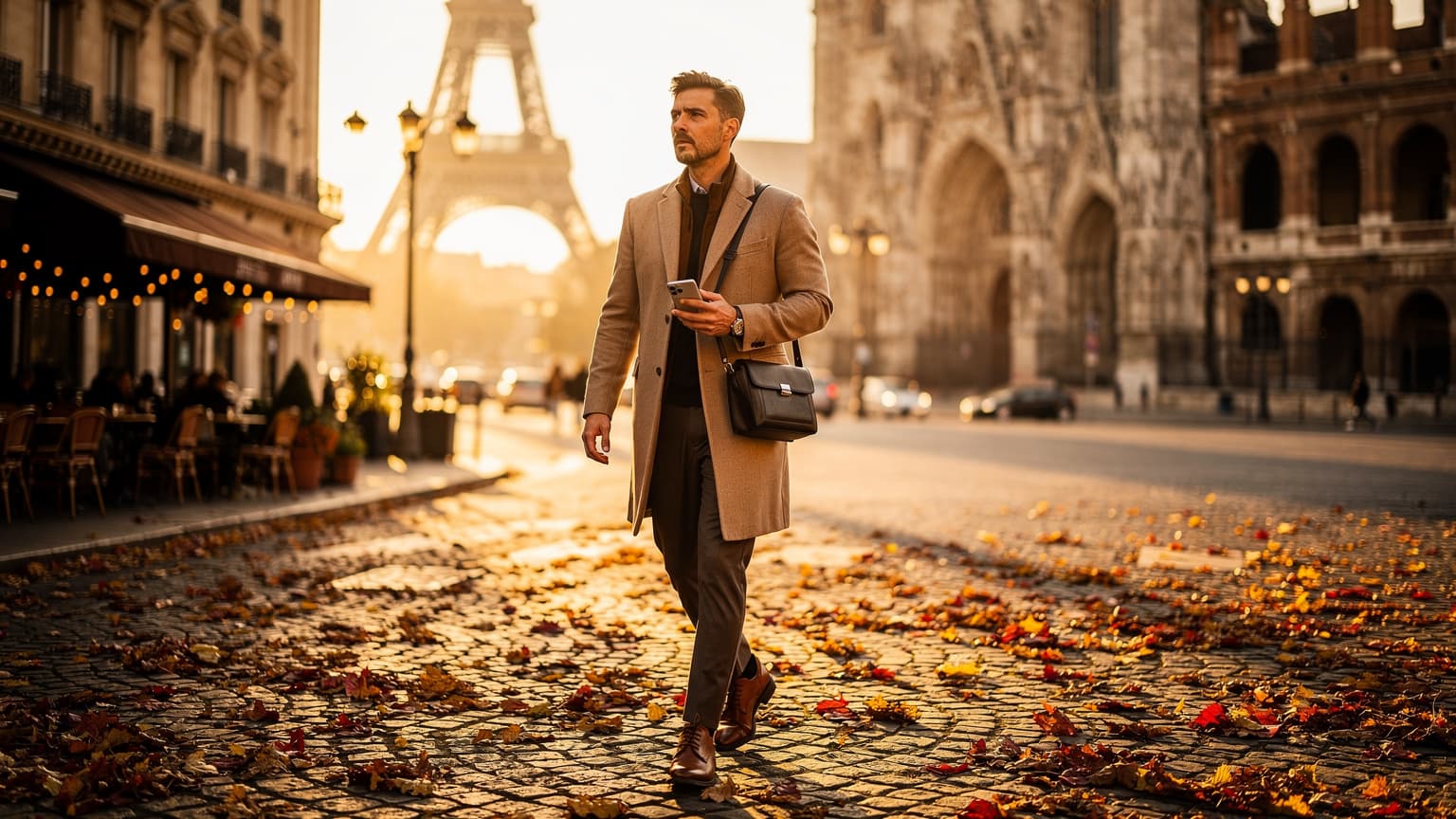 A wide, cinematic shot of a traveler strolling through a sun-drenched European city square in autumn. A famous architectural landmark stands prominently in the background under a warm, golden sky. The scene conveys a sense of cultural discovery and seamless modern travel.