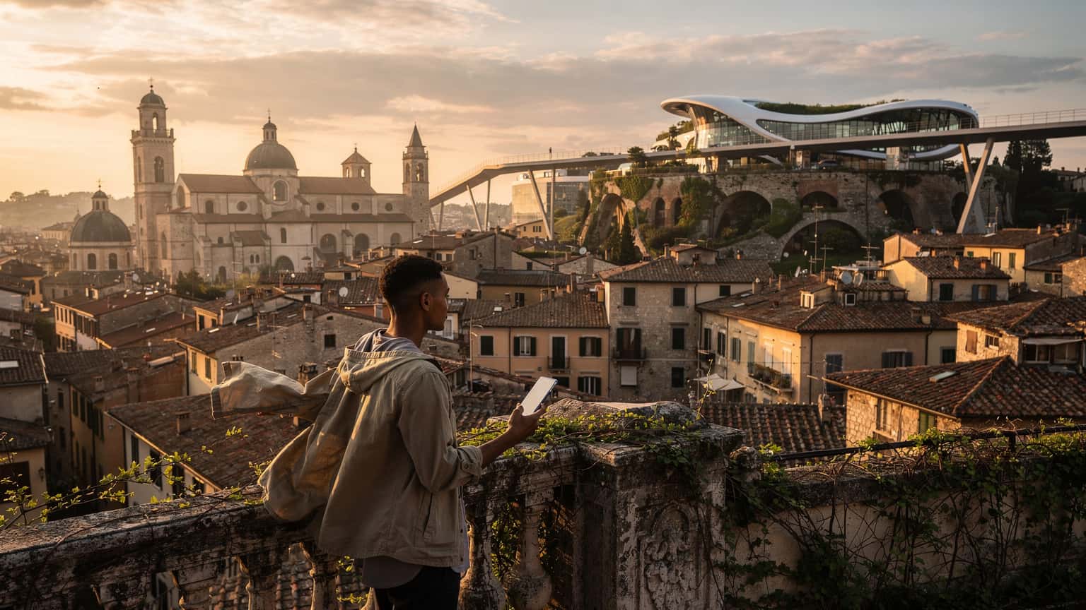 A cinematic wide shot of a traveler on a historic Italian balcony, overlooking a unique Italian cityscape that blends ancient architecture with a subtle futuristic detail in the distance. The traveler holds a smart device, suggesting discovery.