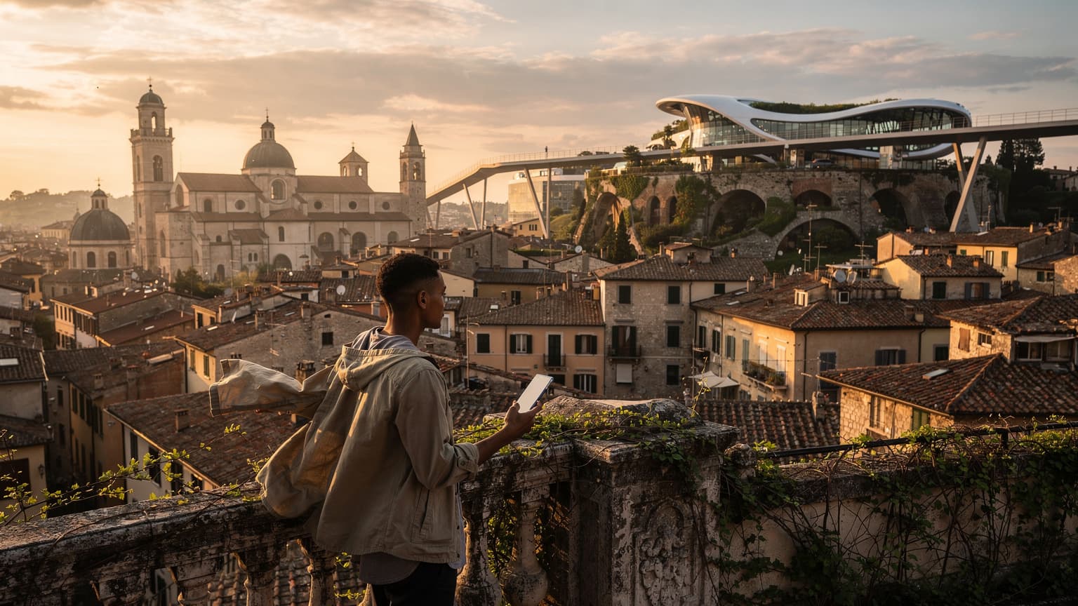 A cinematic wide shot of a traveler on a historic Italian balcony, overlooking a unique Italian cityscape that blends ancient architecture with a subtle futuristic detail in the distance. The traveler holds a smart device, suggesting discovery.