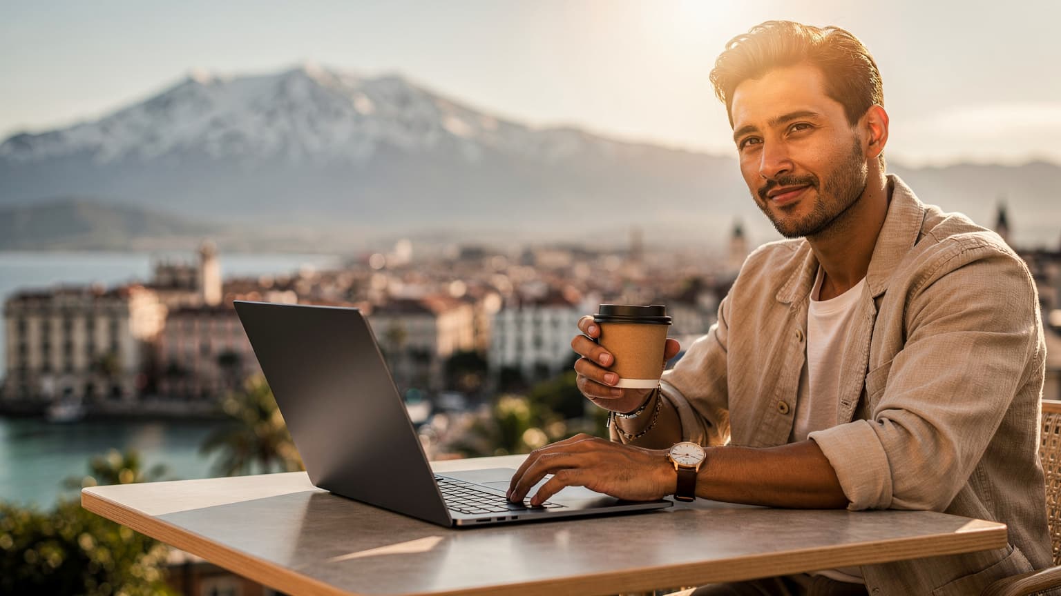 A photorealistic editorial hero image for a travel tech magazine, showing a person using a sleek laptop in a beautiful outdoor travel setting, emphasizing seamless connectivity via eSIM for uninterrupted travel.
