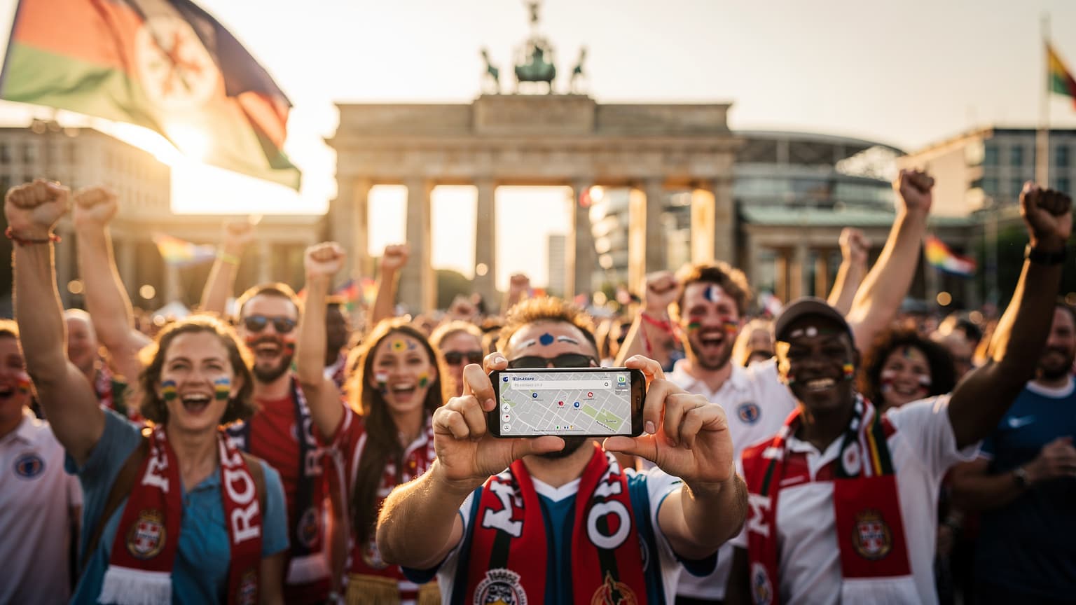 Excited football fans in Berlin celebrating near a city landmark, with one person using a smartphone subtly displaying navigation or live scores, representing connectivity during the EM-Finale 2026.