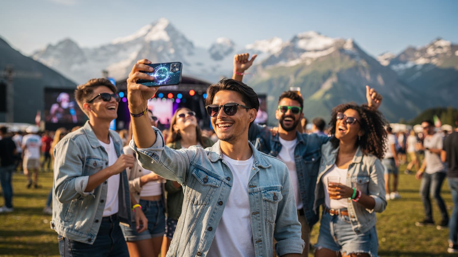 A vibrant editorial photo of young people enjoying a music festival in the Swiss Alps, with one person holding a smartphone, symbolizing seamless connectivity amidst the festive atmosphere and majestic mountains.