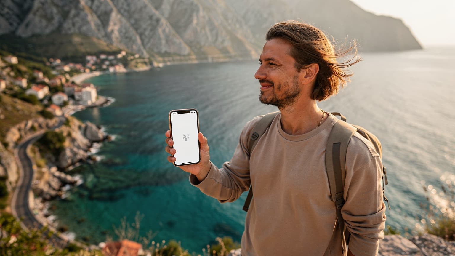 A modern traveler holding a smartphone, standing on a scenic overlook in Albania with the beautiful Ionian Sea coastline and a distant village in the background, illuminated by golden hour light. The image conveys effortless global connectivity and travel freedom.