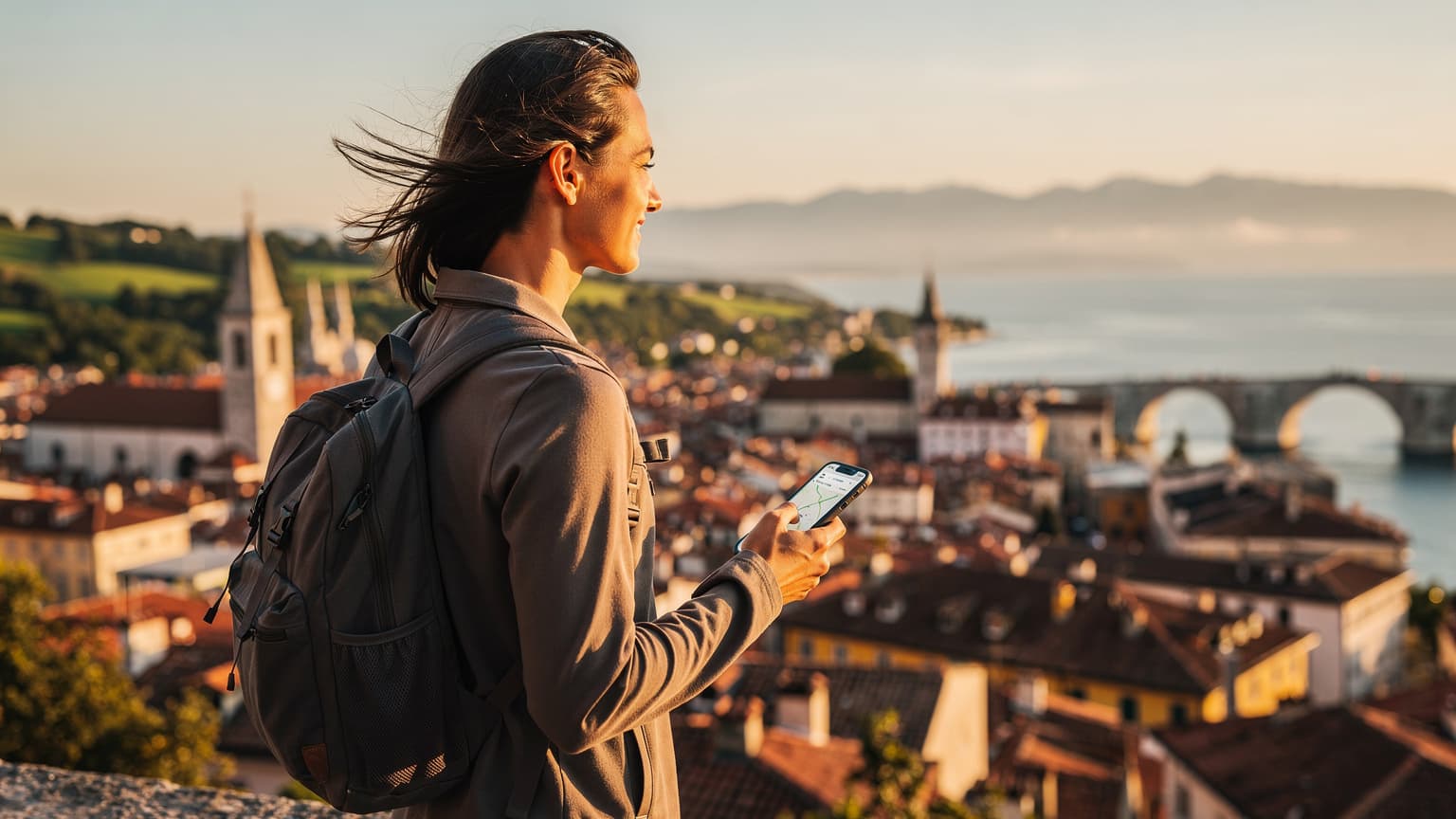 A traveler standing on a European scenic overlook at golden hour, holding a smartphone and looking at a vast, beautiful landscape that blends historic architecture with nature, suggesting multi-country travel and digital connectivity.
